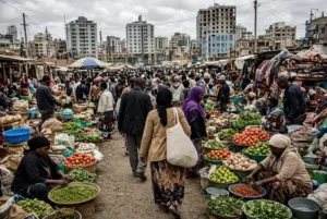 Crowded open-air market in a developing city reflecting economic pressures described in the UNDP warning on overlapping crises
