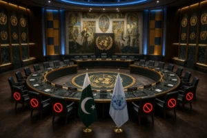 United Nations Security Council chamber with Pakistan and UN flags symbolizing UNSC veto reform discussion and permanent members restriction