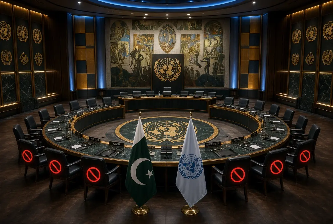 United Nations Security Council chamber with Pakistan and UN flags symbolizing UNSC veto reform discussion and permanent members restriction