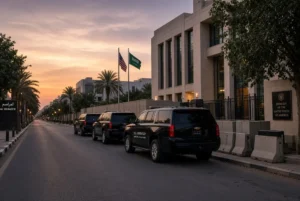 Black US Embassy vehicles parked outside the American Embassy in Riyadh during US embassy evacuation amid Houthi threats