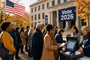 Diverse voters lining up at a polling station during the US midterm elections with American flags and Vote 2026 banners