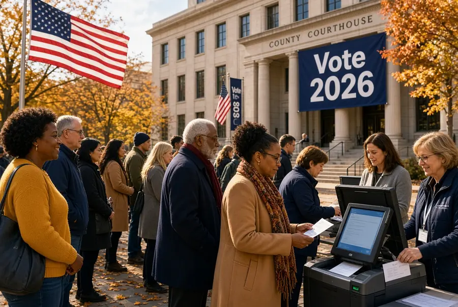 Diverse voters lining up at a polling station during the US midterm elections with American flags and Vote 2026 banners