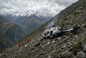 Rescue teams approach wreckage of Uttarakhand helicopter crash on rocky mountain slope near Joshimath valley