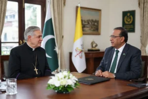 Archbishop Paul Richard Gallagher in formal meeting with Pakistani official during Vatican envoy Pakistan visit for interfaith harmony and peace talks