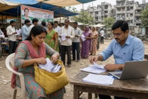 Woman searching documents in yellow bag at voter list revision camp in New Delhi with booth officer checking papers