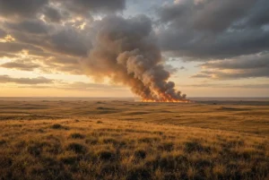Dramatic prairie landscape showing the Wainwright fire with thick smoke rising over golden grassland at Canadian Forces Base Wainwright during sunset
