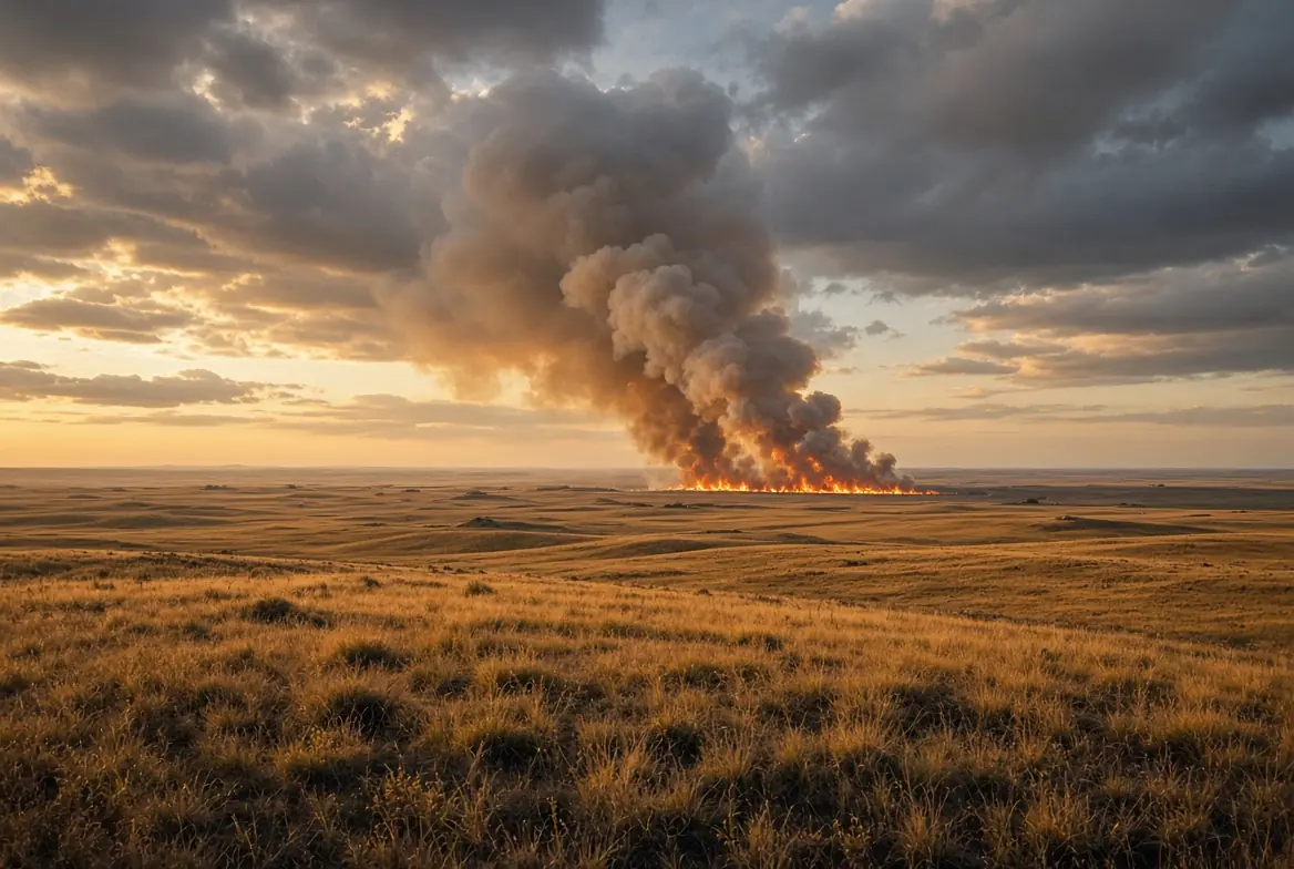 Dramatic prairie landscape showing the Wainwright fire with thick smoke rising over golden grassland at Canadian Forces Base Wainwright during sunset