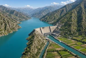Aerial view of large concrete dam and turquoise reservoir in mountain valley showing strategic water infrastructure development in Pakistan