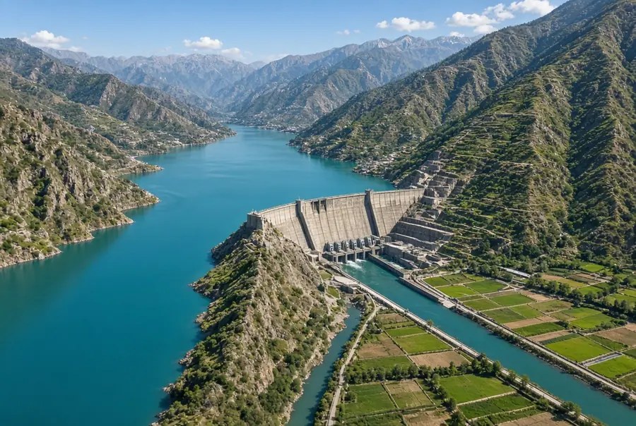 Aerial view of large concrete dam and turquoise reservoir in mountain valley showing strategic water infrastructure development in Pakistan